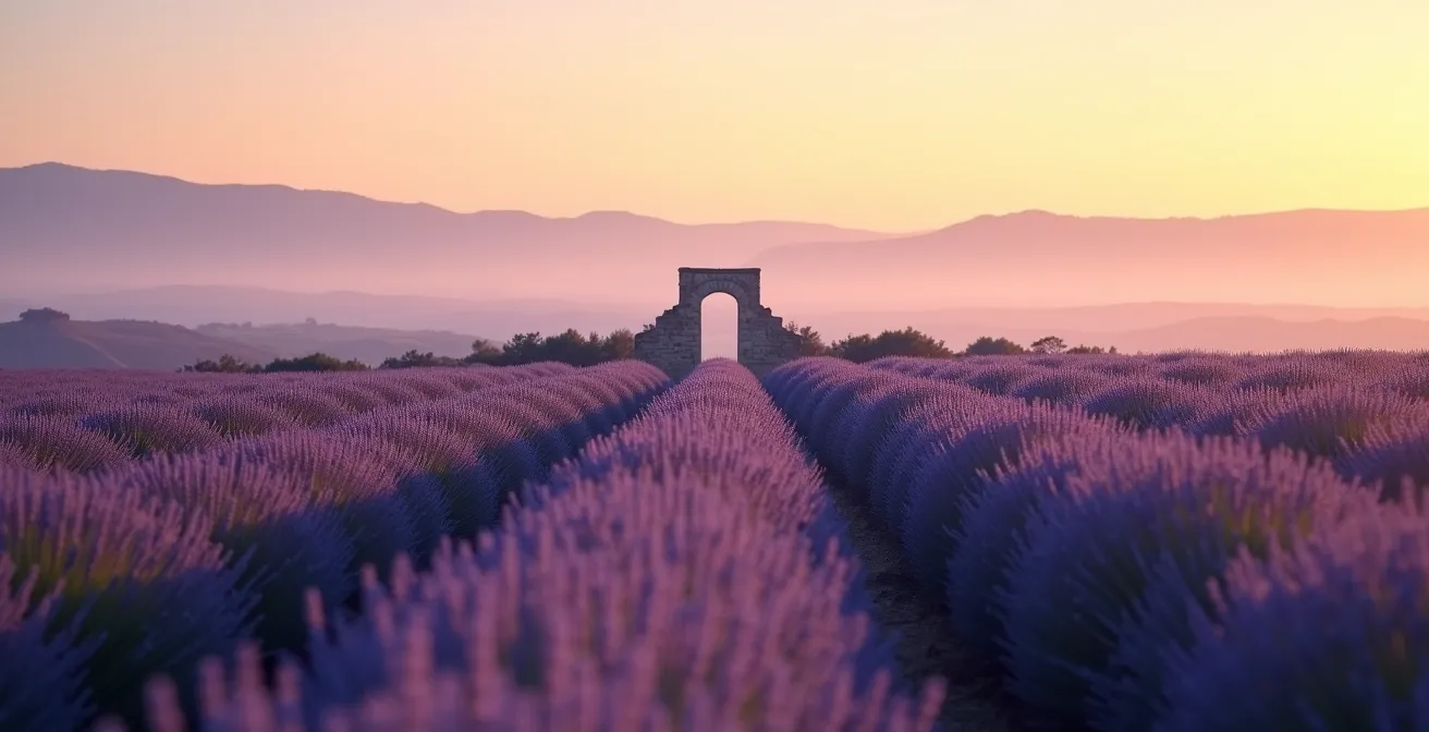 Champ de lavande au coucher du soleil avec brume atmosphérique