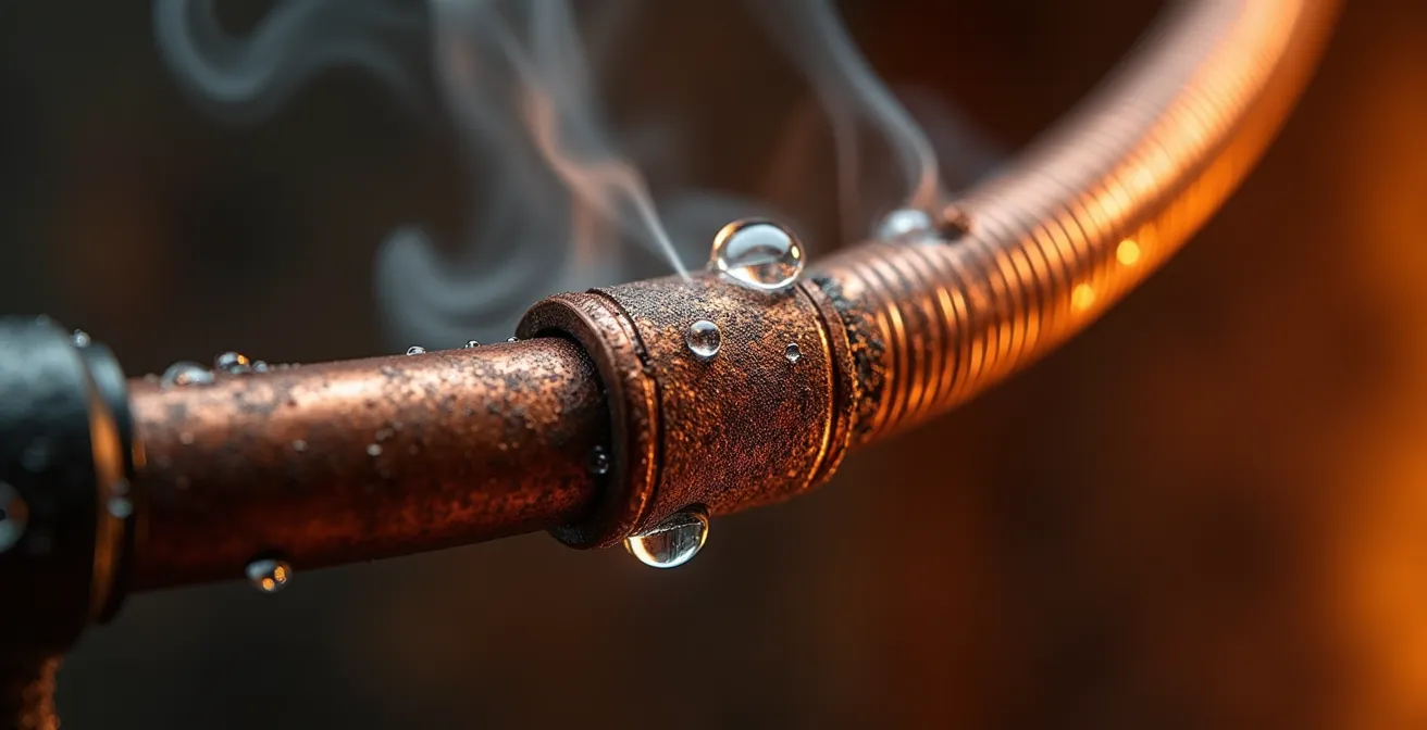 Détail macro du serpentin en cuivre avec gouttelettes de condensation