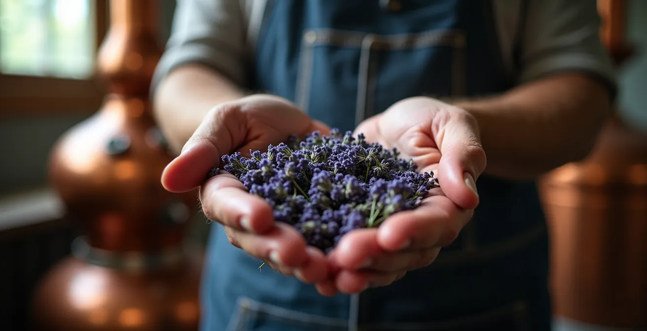 Mains de distillateur manipulant des brins de lavande fraîche
