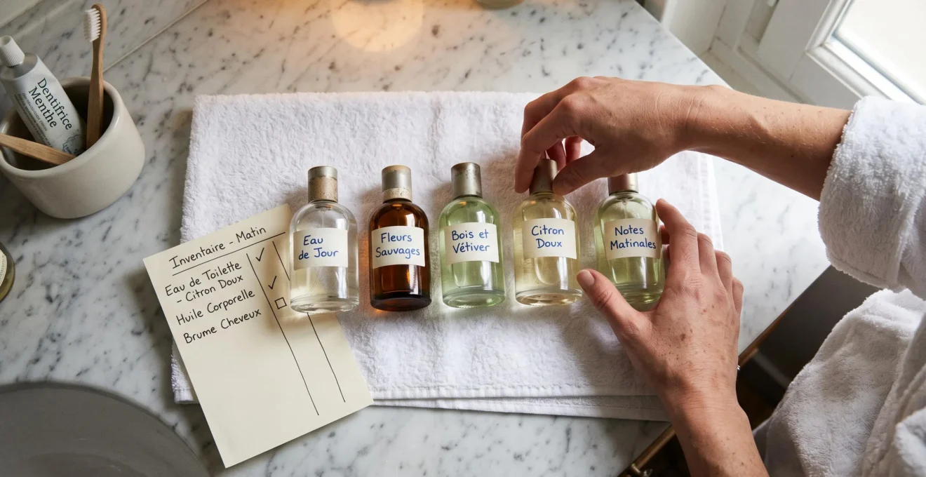 Vue du dessus de mains rangeant cinq flacons de parfum personnels sur une serviette blanche dans une salle de bain.