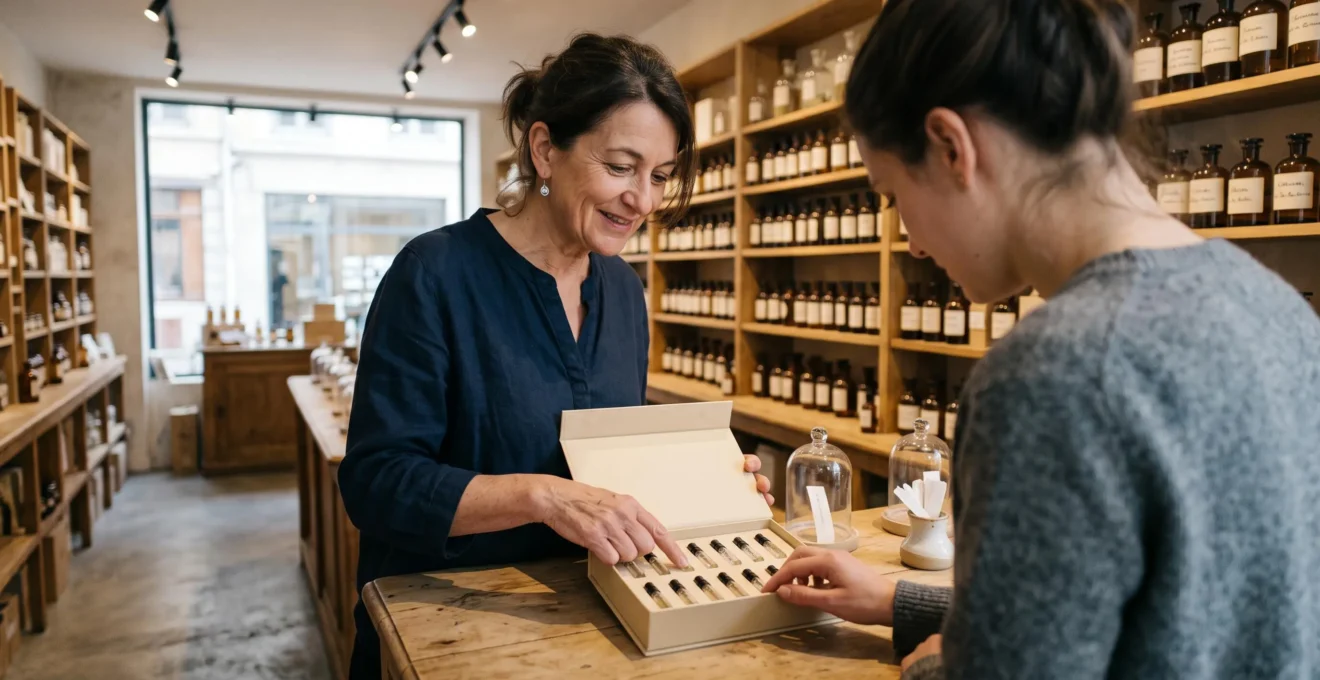 Une conseillère présente un coffret de petits flacons d'échantillons de parfum à une cliente dans une boutique.