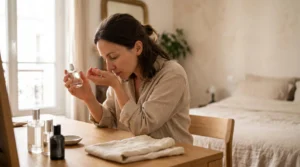 Une femme applique un parfum musqué sur son poignet devant plusieurs flacons posés sur une coiffeuse.