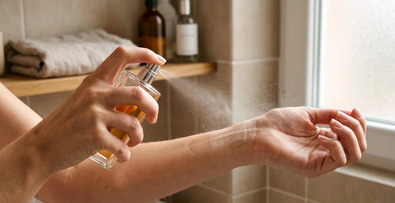 Deux mains vaporisent un deuxième parfum sur un avant-bras déjà parfumé, au-dessus d'un carrelage beige.