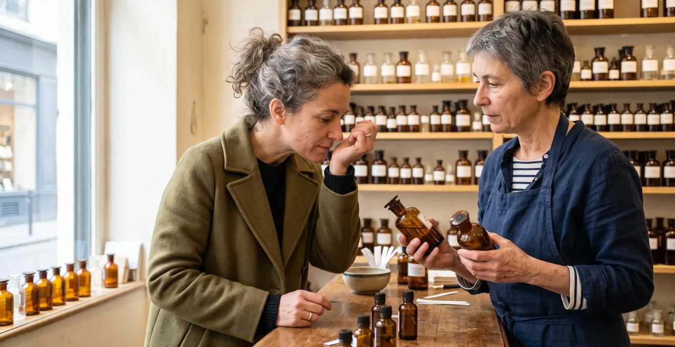 Une cliente sent son poignet parfumé au comptoir d'une parfumerie pendant qu'une conseillère tient deux flacons.