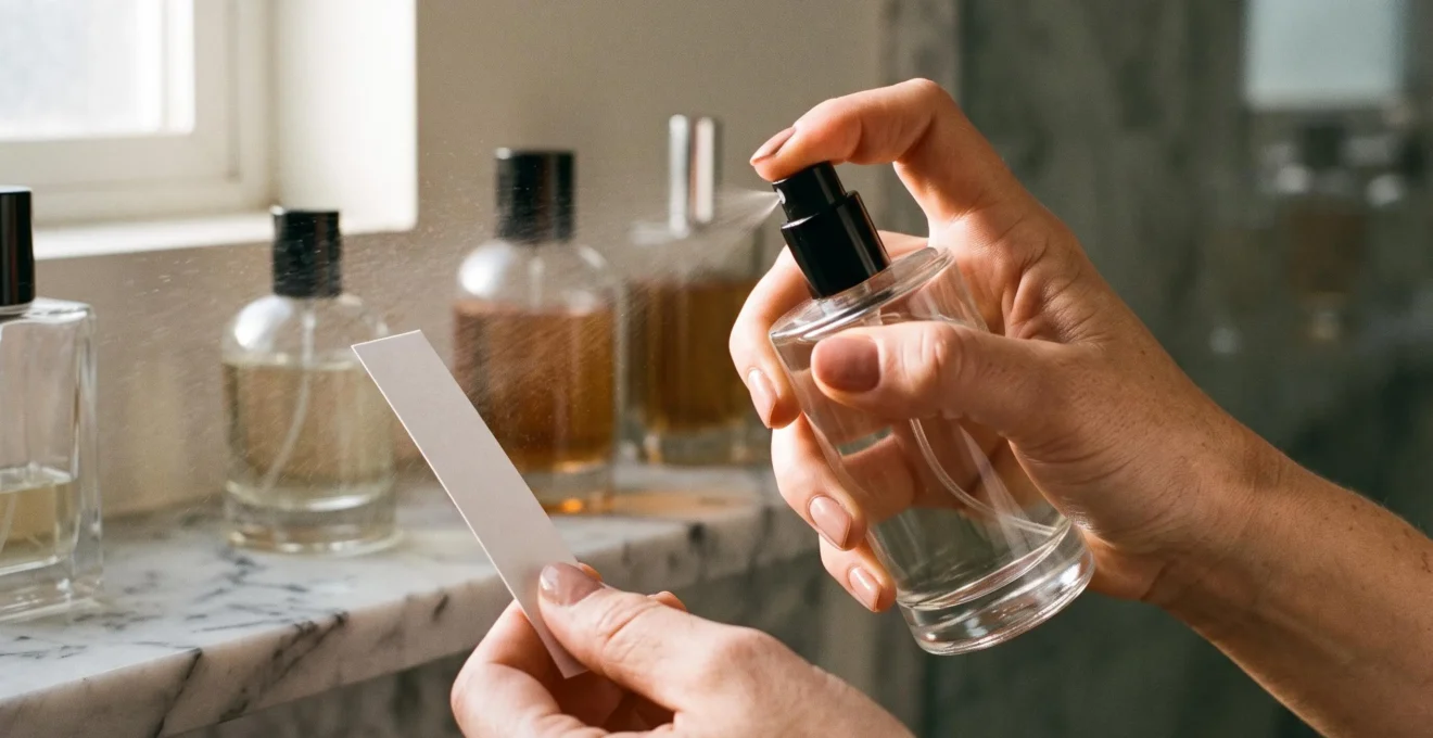 Gros plan sur une main vaporisant un parfum sur une mouillette au-dessus d'une étagère de salle de bain.